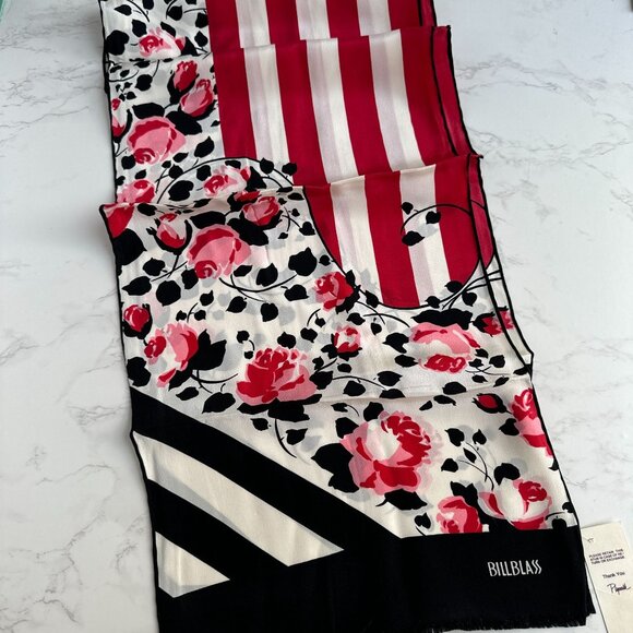 Bill Blass Silk Oblong Scarf, Red Rose Stripe Print, 56x11, Vintage Baar & Beard - Picture 7 of 10